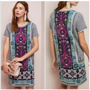 Anthropologie Grey Embroidered Tapestry Sweater Dress Short Sleeve XS Mini Shift